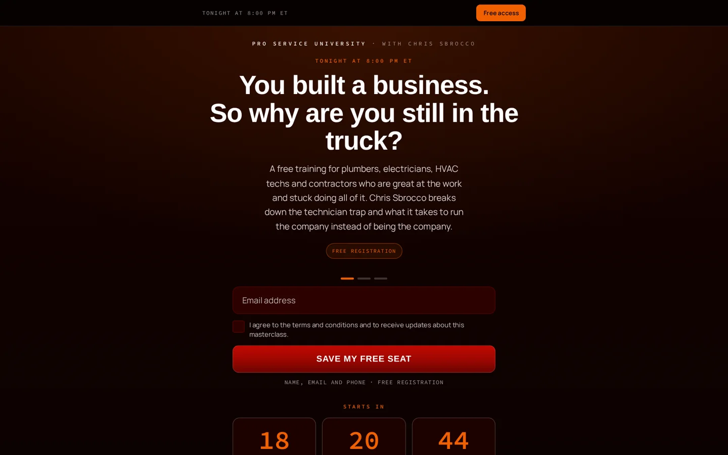 Pro Service University registration page